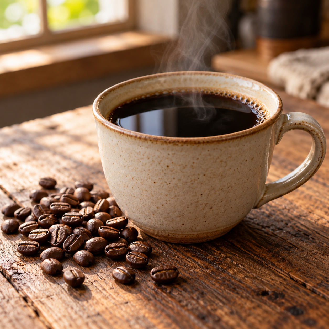 A ceramic cup of black coffee beside medium-roasted coffee beans on a wooden table